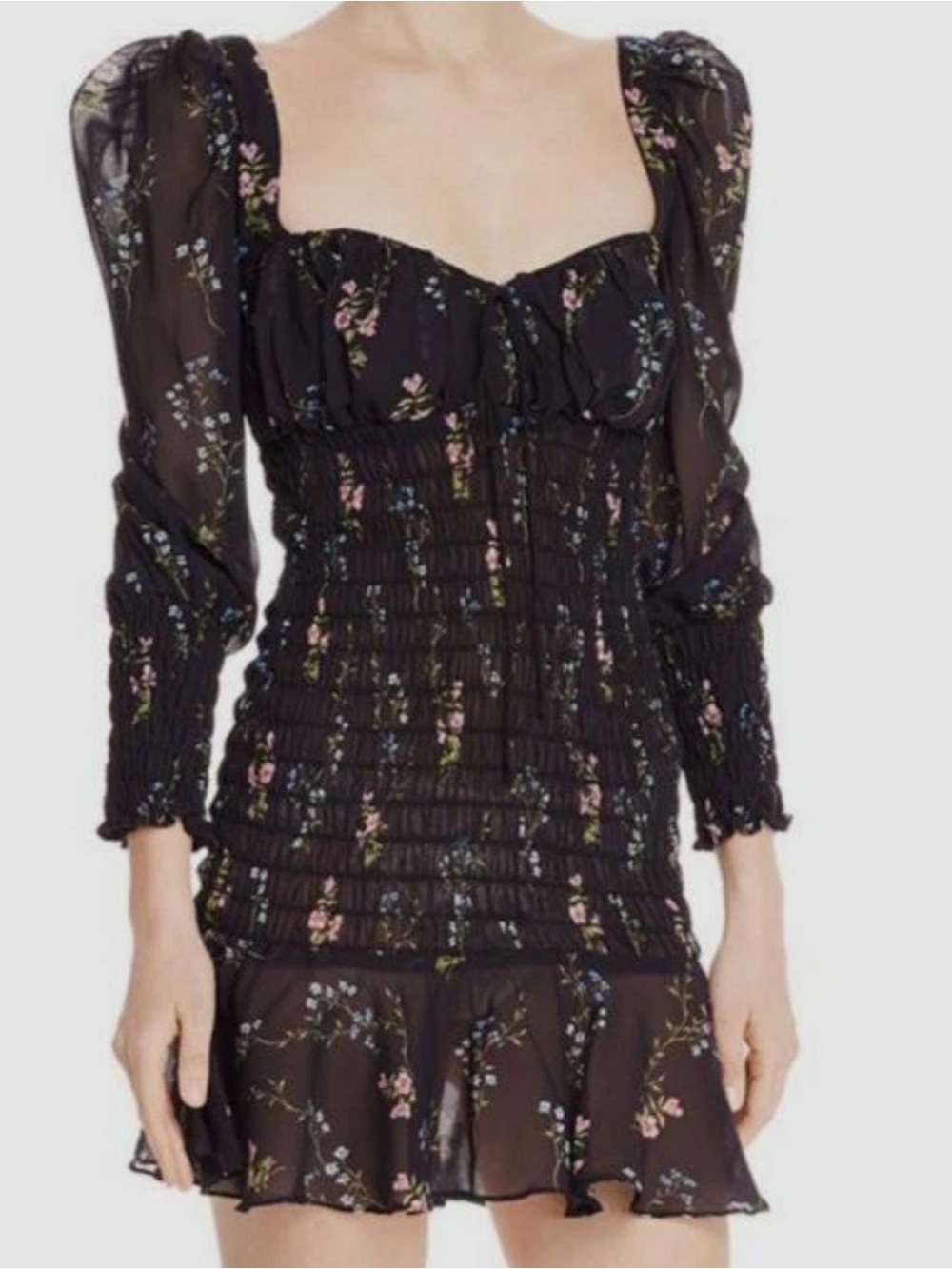 For Love & Lemons Women's Black Dixon Floral Smocked Bodycon Mini Dress Size S